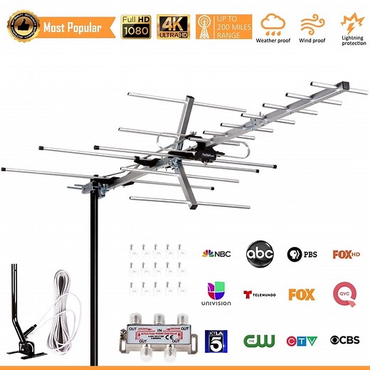 Five Star DL-5812DIGI-K-J Outdoor TV Antenna Kit with 4-Way Splitter, with 200 Miles Reception Range