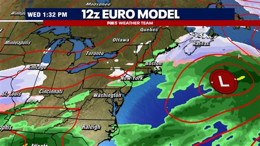 The European model shows similar features...high pressure overhead Monday night, fading to the northeast as the moisture comes north. The key difference it that it's weaker with the cold air mass. So you get a faster transition to mix, freezing rain, and rain. This of course leads to less snow accumulation... | Mike Thomas Fox 5