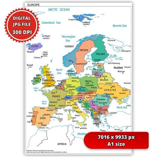 Map of Europe – High Resolution 300 DPI Printable (A1 Size) JPG   PDF - Etsy