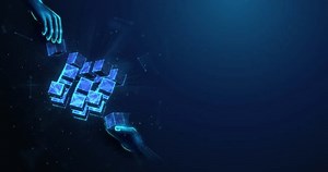 Animation of Lowpoly Hands Assembling Blockchain Cubes Spinning on Side. Blockchain technology and cryptocurrency fintech solution animated looped concept by wireframe mesh on blue background