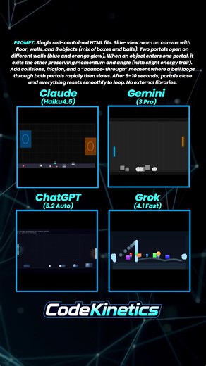 Portal Gun: Two Portals Object Teleport coded in HTML/CSS/JS 🧠Prompt: Single self-contained HTML file. Side-view room on canvas with floor, walls, and 8 objects (mix of boxes and balls). Two portals open on different walls (blue and orange glow). When an object enters one portal, it exits the other preserving momentum and angle (with slight energy trail). Add collisions, friction, and a “bounce-through” moment where a ball loops through both portals rapidly then slows. After 8–10 seconds, porta