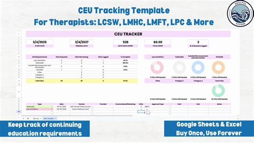 CEU Tracker for Therapists, Social Work CEU, CEU Template, Continuing Education Log, Lcsw, Lmft, Lpc Lmhc, Ceu Spreadsheet Template, Ceu Log - Etsy UK