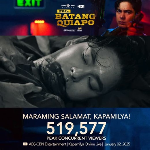 Dreamscape Entertainment on Instagram: "MARAMING SALAMAT sa 519,577 na mga Kapamilyang sabay-sabay tumutok at nanood ng #FPJBQHindiKadugo sa Kapamilya Online Live sa YouTube! 🔥 #FPJsBatangQuiapo gabi-gabi, 8PM sa Kapamilya Channel sa ALLTV2, Cable, Online, at A2Z. Mapapanood din sa iWant at TFC!"