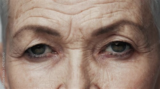 Portrait of Old Woman Face with Eyes Wide Open Looking at Camera Close Up. Serious Vision of One Aging Adult with Older Features. Modern Concept of Good Sighted Mature Person Thinking on Retirement