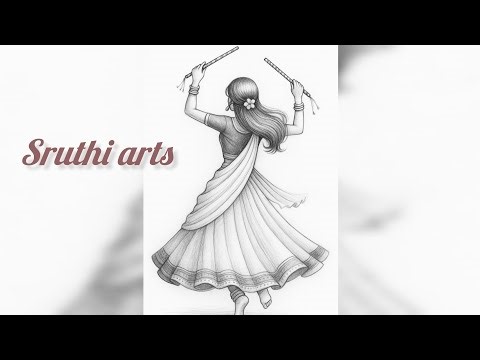 ​Pencil Drawing of Woman Performing Dandiya Raas / Garba Dance Art