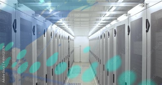 Data processing animation over server racks in data center, visualizing data flow