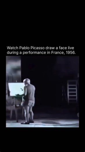 Curious Kid on Instagram: "This clip shows Pablo Picasso drawing a face live in 1956 in France, during a filmed television performance where he sketched directly onto a transparent surface placed between him and the camera, allowing viewers to watch the artwork form in real time as a single, continuous line; the footage captures Picasso's signature confidence and spontaneity, revealing how his mastery allowed him to reduce a human face to a few expressive strokes without hesitation or correction
