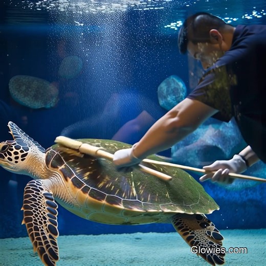 The sea turtle is getting his shell scrubbed by his human friend, and he loves it! He stays calm as bubbles pop and the brush gently cleans his back. It’s like a fun bath time for the turtle. He looks so happy, like he’s smiling under the sea! | Monique Lula