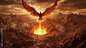 Majestic phoenix rising from fiery depths in a dramatic landscape at dusk