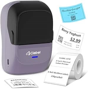 Label Maker Machine with Tape: 221B Thermal Labeler Maker Machine Rechargeable Barcode Price Printer for Food Address Mailing Clothing with 1 Roll Waterproof Label Compatible with Smartphone Purple