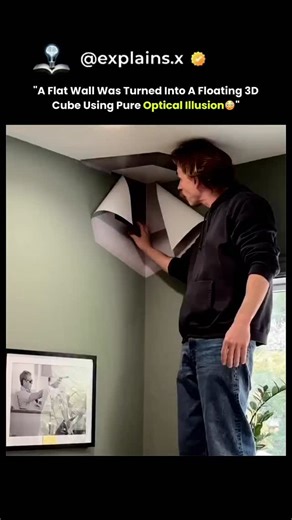 knowledge on Instagram: "This is a trompe-l’œil anamorphic illusion, a classic illusion art technique designed to “trick the eye” into seeing three-dimensional objects on completely flat surfaces. In this video, the artist is applying a perspective-correct mural across two flat walls and the ceiling corner, carefully aligning angles, shadows, and highlights so that—when viewed from one precise viewpoint—the flat paint appears as a solid 3D cube floating out of the wall. The illusion works using 