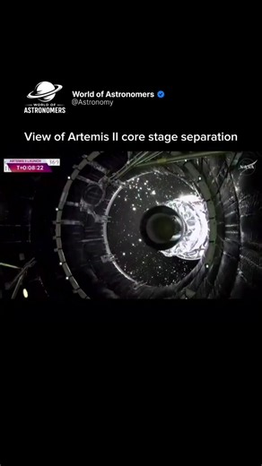 This is the moment when Artemis II’s core stage separates after doing its job of sending the crewed spacecraft toward the Moon. 🚀🌙 The Space Launch System’s massive core stage burns through its propellant during the early part of the journey, providing the powerful thrust needed to push Orion beyond Earth’s atmosphere and toward lunar space. Once the core stage has completed its mission, it separates from the rest of the vehicle, leaving Orion and its upper stage to continue the journey. The v