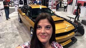 Rachel De Barros from #AllGirlsGarage stopped by the booth to take a closer look at the Hurst Hemi Classic Challenger by GSS. Keep an eye out for the The SEMA Show special coming to Velocity in January. #hurst #sema2017 | Hurst Performance Products