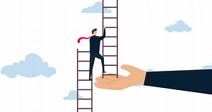 Download 4k animation of Helping hand, businessman climbing up to top of broken ladder with huge helping hand to connect to reach higher. for free
