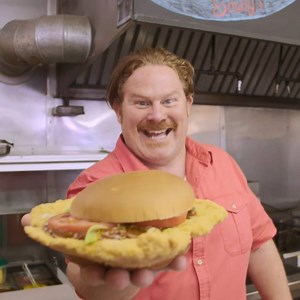 Yes please chicken nugget burger 😍 Watch all new Man V Food with Casey Webb, exclusively on Food Network UK this Saturday at 8pm 📺 | Food Network UK