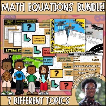 One, Multi Step, Literal Equations & Word Problem Notes & Worksheets Math Bundle