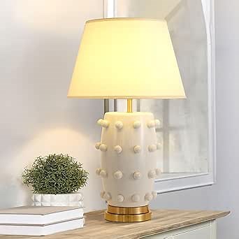 Modern Ceramic Linden Table Lamp - 30" White Ball Farmhouse Design, Classic Nightstand Large Linden Lamp Tapered Drum Shade for Living Room, Bedroom, Office, and Home （White）