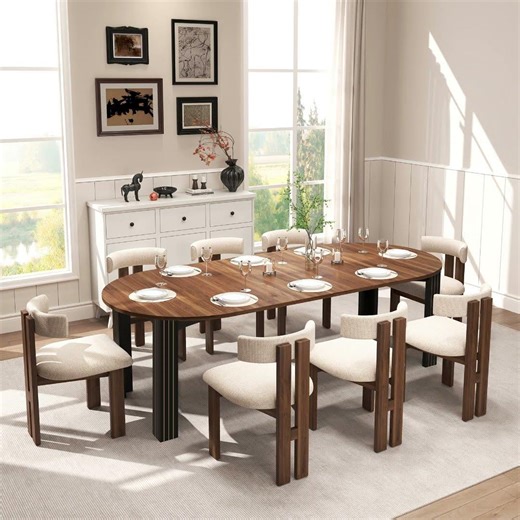 Round Extendable Dining Room Table , 43"-78" Wooden Oval Dinner Table with Leaf Extension