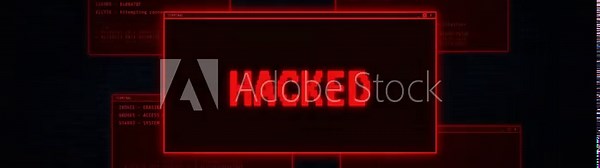 Hacked warning on multiple red terminal windows. System takeover and access denied alerts. Data override commands on dark screen. Cybercrime and network intrusion concept.