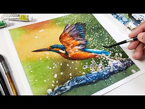 Kingfisher Water Splash in Watercolor Painting