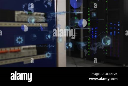 Data feed activating, server racks projecting expanding HUD overlay showing performance metrics. Equipment, cabinet, dashboard, telemetry, globe, gauges, circuitry Stock Video Footage - Alamy