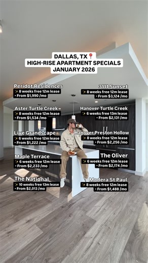 Spencer Moore | Dallas Apartments For Rent on Instagram: "Dallas Apt Rent Specials Tagged Below! 🤩👇 ——— 🏡 @peridotresidences 📍Downtown Dallas 🎁 8 weeks free 12m lease 💰 Apts starting at $1,990/mo net effective ‌ 🏡 @asterturtlecreek 📍Uptown 🎁 8 weeks free 12m lease 💰 Apts starting at $1,534/mo net effective ‌ ‌ 🏡 @livegrandscape 📍Uptown 🎁 6 weeks free 12m lease 💰 Apts starting at $1,222/mo net effective ‌ ‌ 🏡 @liveatmapleterrace 📍Uptown 🎁 6 weeks free 12m lease 💰 Apts starting a