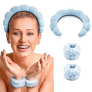 ERHIRY Spa Headband for Washing Face and Makeup, 3 Pack of Terry Cloth Headbands with Non Slip Design, Soft Face Wash Headband for Women, Blue
