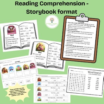 Reading Comprehension-Storybook format -CVC, CCVC, CVCC with worksheets