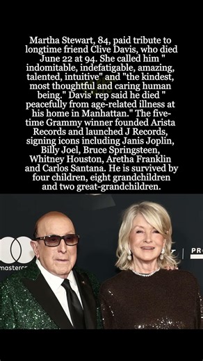 Martha Stewart Honors "Indomitable" Clive Davis After His Death at 94 #shorts #CliveDavis