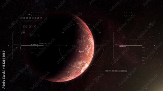 Alien planet with cinematic HUD targeting interface and deep space backdrop, creating a high-tech sci-fi surveillance and exploration atmosphere