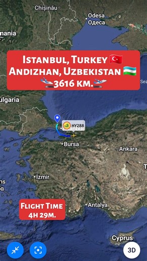 Istanbul, Turkey 🇹🇷 to Andizhan, Uzbekistan 🇺🇿 Flight Route ✈️ HY288