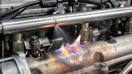 An engine is shown with fuel injectors spraying fuel and igniting, causing visible flames. The setting reveals mechanical parts in operation during testing