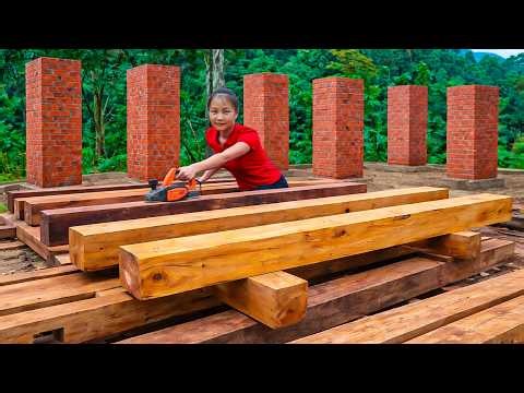 Strong Woman Builds Brick Foundation Pillars and Planes Huge Logs for Her Dream Wooden House