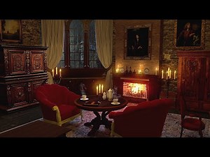 Living room ambience of a medieval castle on a rainy night | Rain sounds | Fireplace sounds
