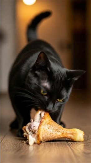 cat eating chicken leg