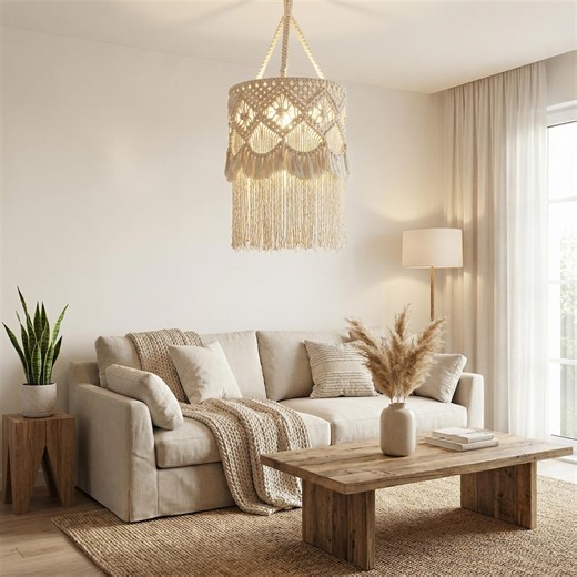 Boho Style Handmade Macrame Hanging Lamp Shade, Cotton Pendant Light - Etsy