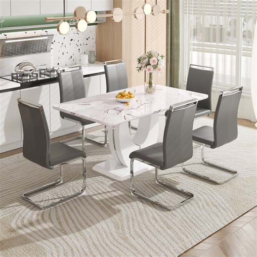 Sumdeal Modern Marble Dining Table Set for 6, 7 Piece 63inch White Faux Marble Table and High Back Upholstered Chairs Set 6 for Kitchen, Living Room, Dining Room,Gray