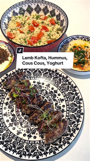 Delicious Middle Eastern Supper: Lamb Kofta, Hummus, Couscous, Yoghurt