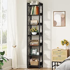 Tribesigns 78.7 Inch Extra Tall Narrow Bookshelf, 7 Tier Skinny Bookcase for Small Spaces, Freestanding Display Shelves, Multifunctional Corner Storage Organizer for Home Office, Black
