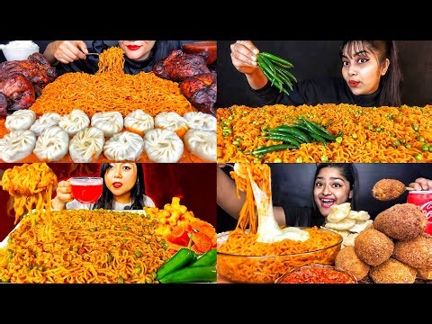 CHEESY SPICY FIRE NOODLES MAGGI NOODLES BUTTER CHICKEN MOMOS DRUMSTICKS EATING SOUNDS EATING FOOD