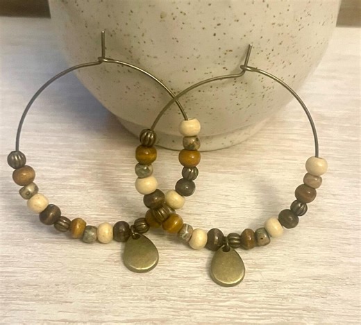 Bronze Boho Beaded Hoop Earrings, Bead Mixture Hoops, Wood Beads, Boho Jewelry, Unique Teardrop Earrings, Gift for Her, Medium Sized - Etsy