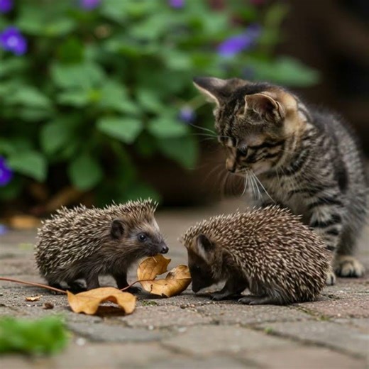 Curious Cat Kitten Watches Two Hedgehogs Play With Leaves| Tiny Cute Animals 🐾💖