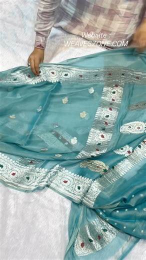 Emerald Blue Pure Khaddi Chiffon Tissue Double Zari Silver Kanchi Boder Red And Green Meena Motifs
