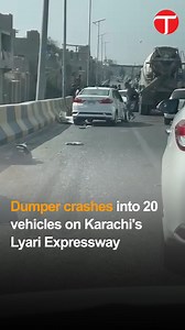 A horrifying accident shook Karachi's Lyari Expressway when a dumper truck lost its brakes and crashed into 20 vehicles on the busy road. The massive collision resulted in severe vehicle damage and panic among commuters, although thankfully, no fatalities were reported. #etribune #KarachiAccident #LyariExpressway #RoadSafetyPakistan #BreakingNewsKarachi #TrafficHazard #KarachiNews | Express Tribune