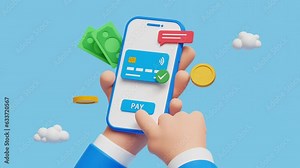 Mobile Payment. 3D Smartphone with Online Payment. Credit card on screen phone. Online shopping. NFC payments. Banking, Finance app and e-payment. Pay by card concept. 3D looping animation