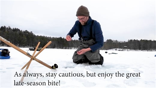 8K views · 61 reactions | As winter winds down, fish activity picks up, as they start feeding in preparation for the spring spawning season. But this time of year also means changing ice conditions, and so safety is key when going out on the ice. Always check ice thickness and strength, bring safety gear, and pick the right spots before heading out. Stay safe & tight lines! #FishVermont #IceSafety #IceFishing #LateIce #CheckTheIce #StaySafe | Vermont Fish & Wildlife | Facebook