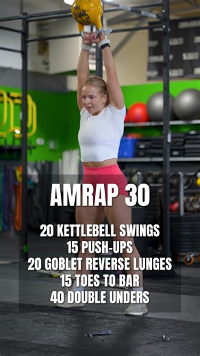 AMRAP 30 💥 Full-body effort. Drop your total rounds! 30 Kettlebell Swings 15 Push-Ups 20 Goblet Reverse Lunges (10/10) 15 Toe To Bar or V-Ups 40 Double Unders 📩 Share this with your gym crew! #amrap #functionalfitness #kettlebell #wod | OnlineWOD