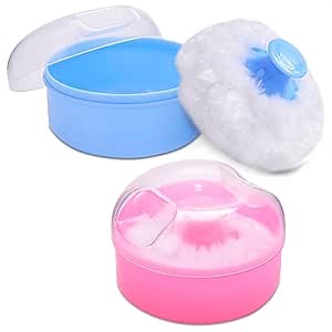 2Pcs Talcum Powder Puff and Container Brush with Holder – Dusting Powder Puff for Women Set, 3.6x2.45 Pink and Blue, Easy to Clean & Store, Gentle and Safe, Good for Travel and Quick Makeup