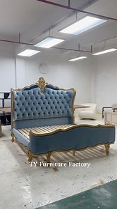 Indulge in timeless opulence 🛏️👑 This regal Baroque-inspired bed frame is pure palace energy: plush powder-blue velvet, hand-tufted detailing, and intricate gold carvings that catch every ray of light. A statement piece designed to make your bedroom feel like royalty. Sweet dreams were never this luxurious. ✨ 📩 DM for sizing, customization, and pricing�#LuxuryBedroom #BaroqueBed #VelvetBed #BedroomGoals #InteriorInspo #factory #cozyvibes #handcraftedfurniture #homedecor # | TY Furniture Facto