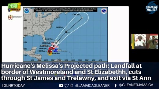 Hurricane Melissa is projected to make landfall early Tuesday at the border of Westmoreland and St Elizabeth, then move northeast across sections of St James and Trelawny before exiting via the St Ann coast, says Evan Thompson, head of the Meteorological Service of Jamaica. At a news conference Monday, he said the Category 5 system could weaken to Category 3 as it leaves the island, with parts of Westmoreland and St Elizabeth likely to experience the strongest hurricane-force winds. More than 30